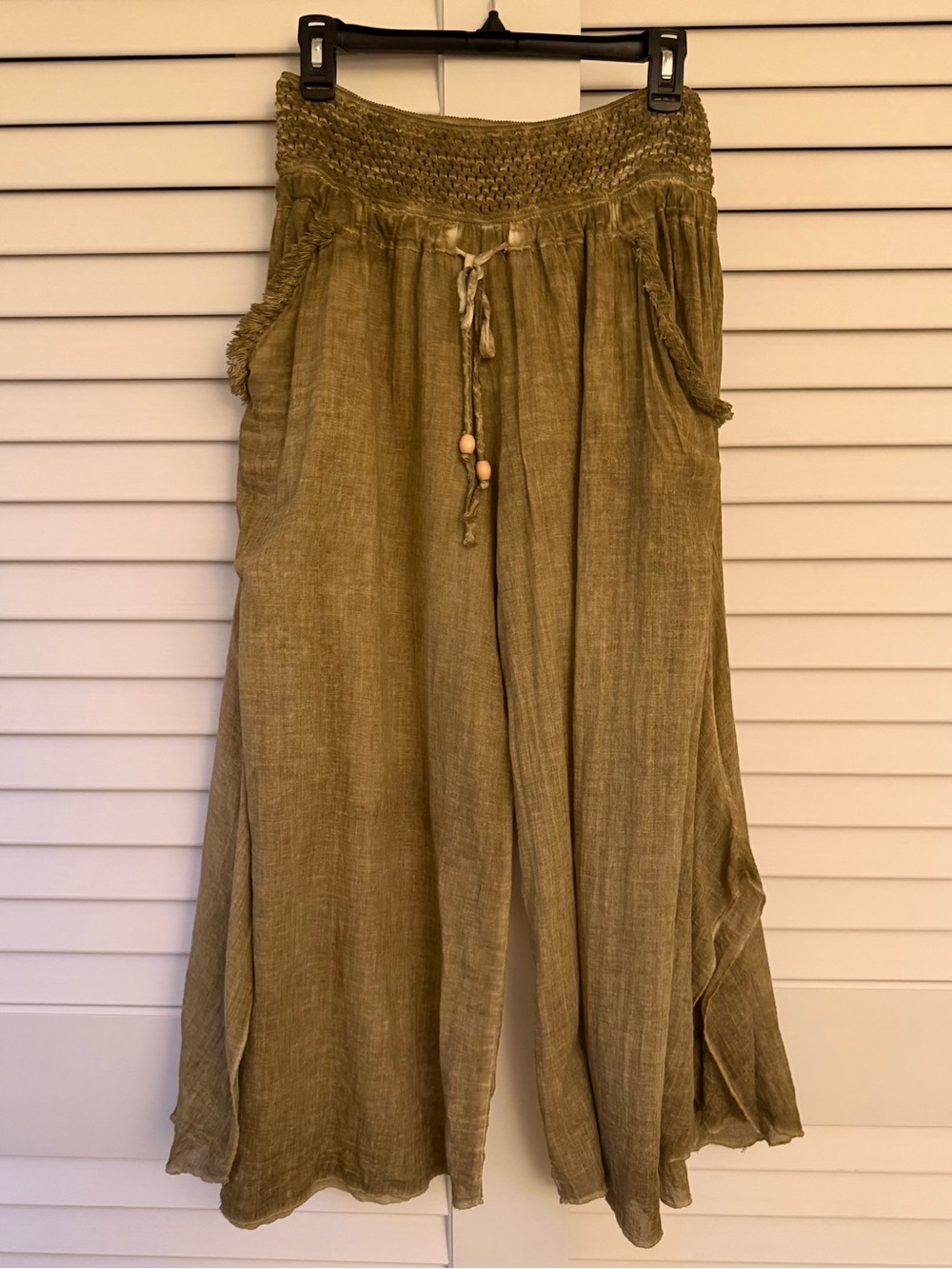 Boho Cotton/Gauzy Blend Olive Wide-Leg Pants